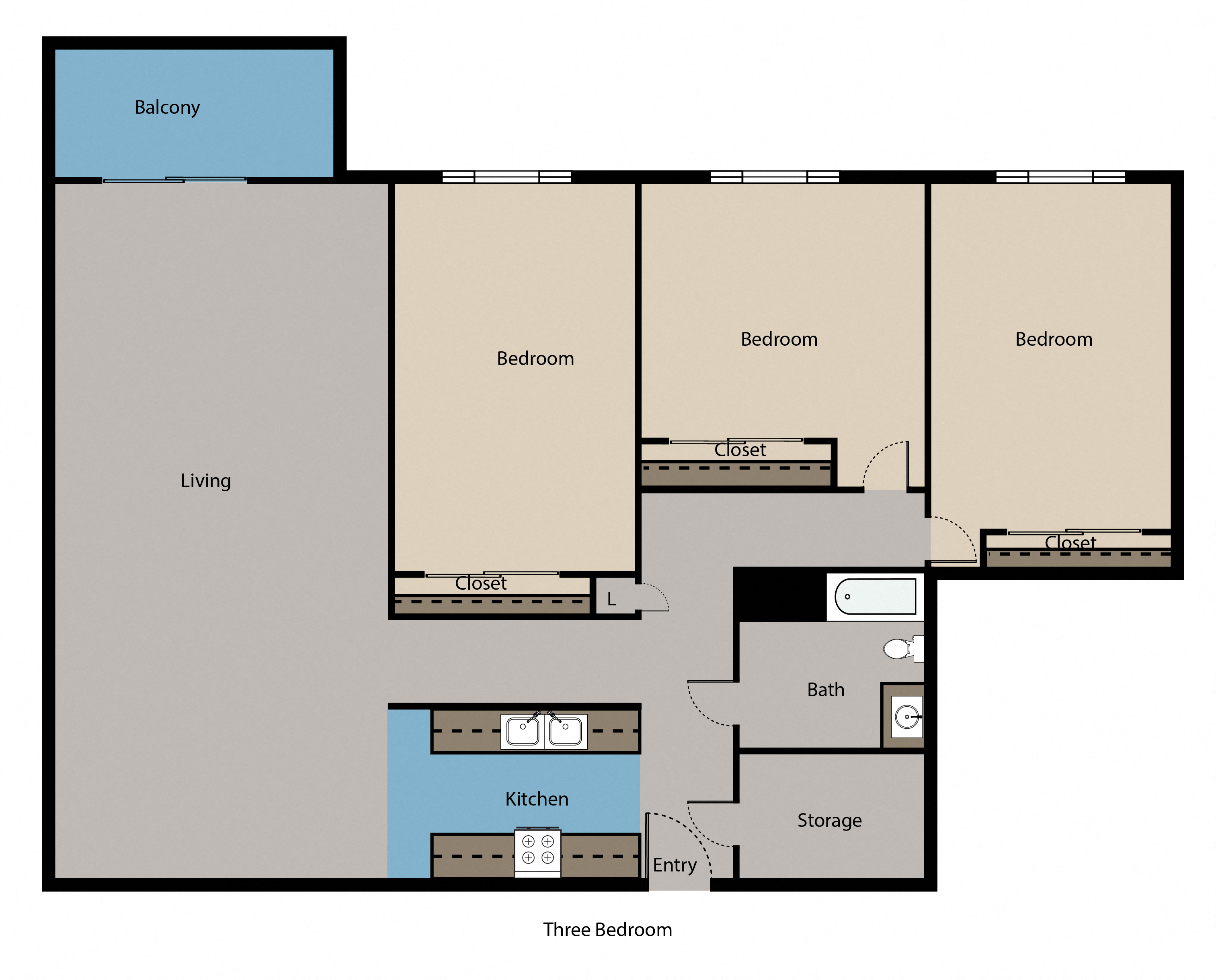 Floor plan for 3 beds, 1 bath, 1250 sqft